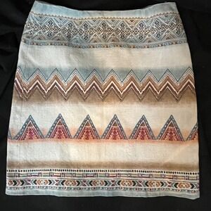 WORTH New York Silk Skirt Size 2 Boho Aztec Print Mini Beige Blue Womens‎